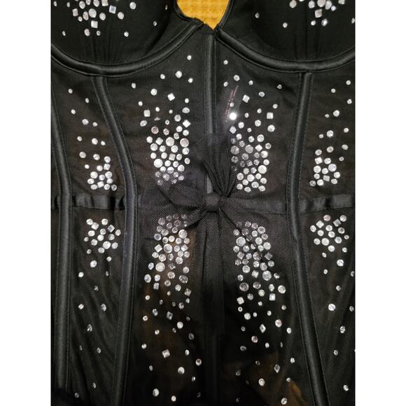 Victoria's Secret 34B Black Mesh Bow Rhinestone Corset Bustier Tulle Garter GUC - Picture 2 of 4